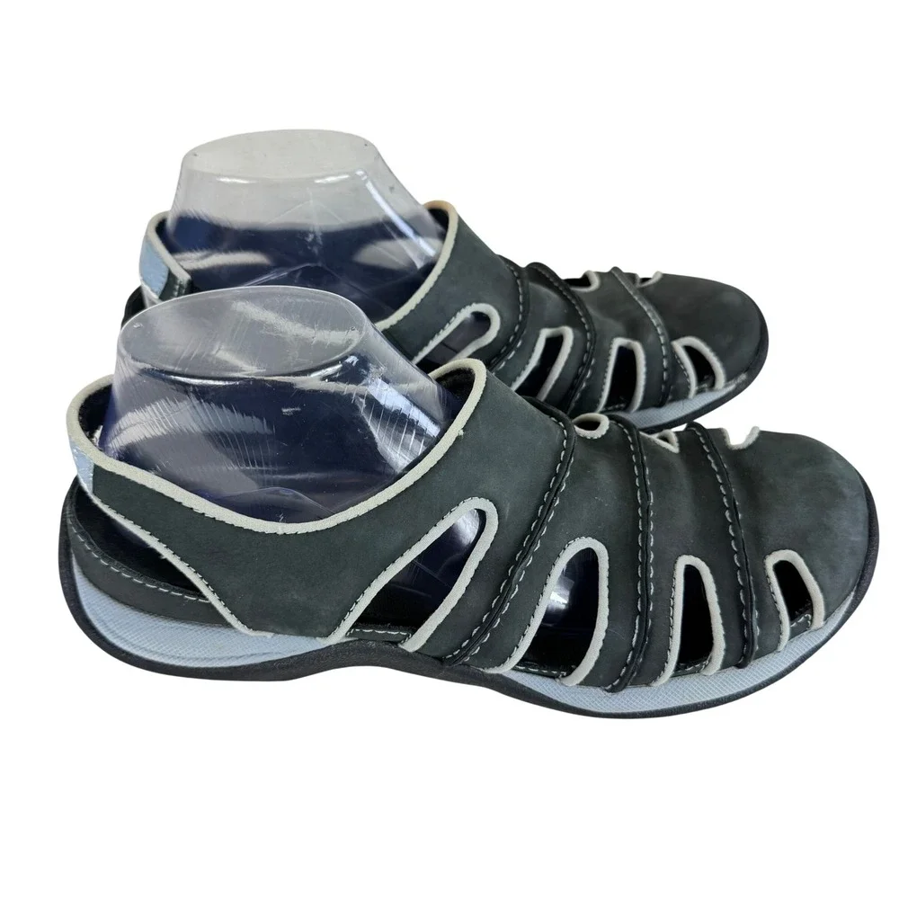 Clarks Springers Mens Gray Nubuck Leather Fisherman Sandals Size 11 Blue Trim‎